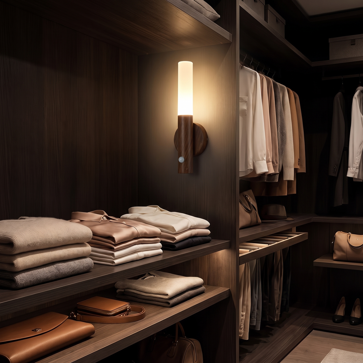 Rechargeable motion sensor LED night light in wardrobe