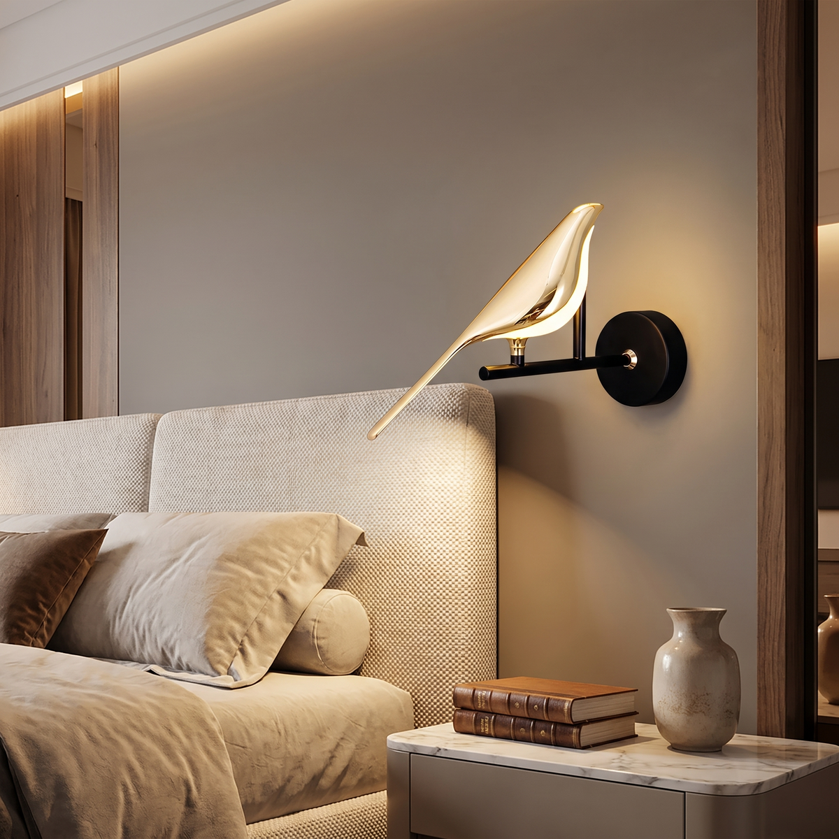 Nordic bird LED wall lamp in premium bedroom interior